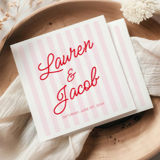 Serviette En Papier Mariage Moderne Minimaliste Rayures Rouges et Rose