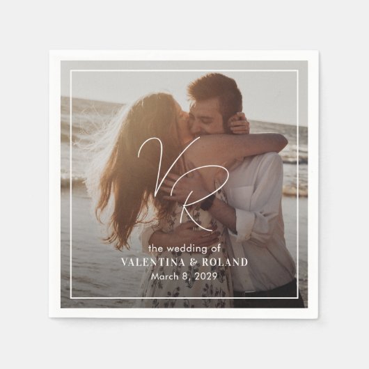 Serviette En Papier Mariage moderne photo noir et blanc chic (Devant)