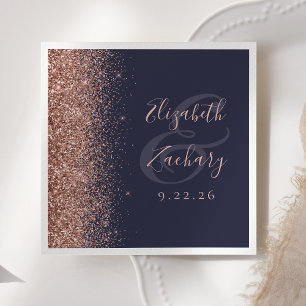 Serviette En Papier Mariage Moderne Rose Gold Pailleté Bordure Bleu Fo