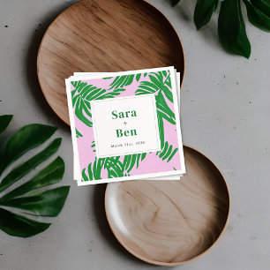 Serviette En Papier Mariage moderne rose + palmier vert
