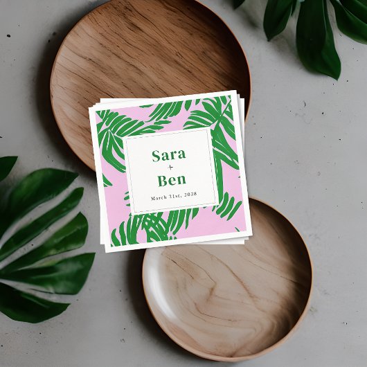 Serviette En Papier Mariage moderne rose + palmier vert