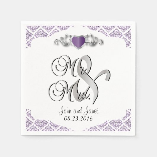 Serviette En Papier Mariage moderne tendance dans un Damas pourpre (Devant)