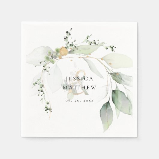 Serviette En Papier Mariage moderne vert et or Eucalyptus (Devant)