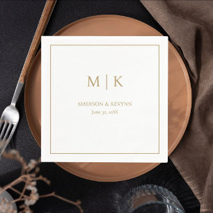 Serviette En Papier Mariage monogramme blanc et or minimaliste et élég