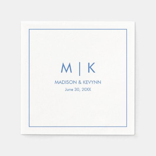 Serviette En Papier Mariage Monogramme bleu minimal et élégant (Devant)