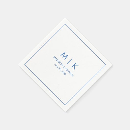 Serviette En Papier Mariage Monogramme bleu minimal et élégant (Coin)