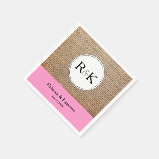 Serviette En Papier Mariage monogramme Burlap et rose clair (Coin)