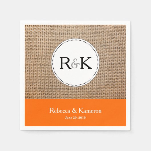 Serviette En Papier Mariage monogramme Burlap & Orange (Devant)