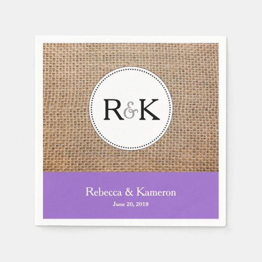 Serviette En Papier Mariage monogramme Burlap & Purple (Devant)