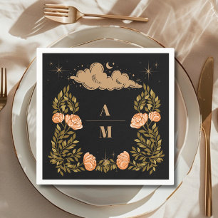 Serviette En Papier Mariage Monogramme Céleste Minuit Étoiles Noires