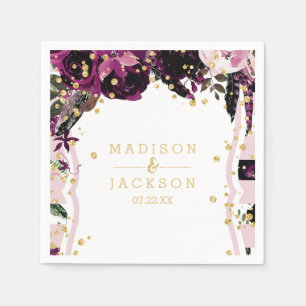 Serviette En Papier Mariage Monogramme Confetti Floral violet foncé