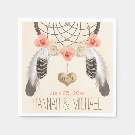 SERVIETTE EN PAPIER MARIAGE MONOGRAMME CORAL ET DREAMCATCHER OR (Devant)