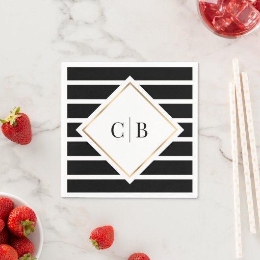 Serviette En Papier Mariage Monogramme de cadre or noir blanc rayures (En situation)