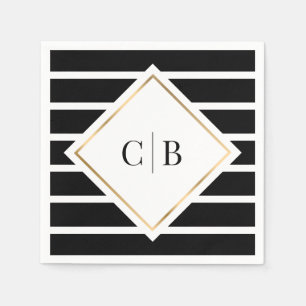Serviette En Papier Mariage Monogramme de cadre or noir blanc rayures