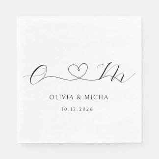 Serviette En Papier Mariage Monogramme de Cœur Minimaliste Noir et Bla