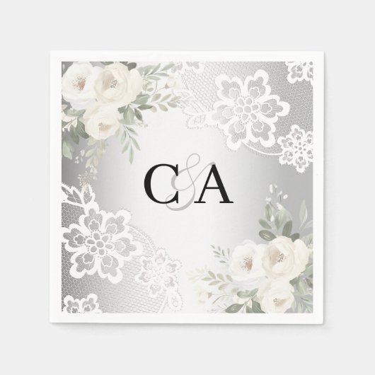 Serviette En Papier Mariage monogramme de fleurs blanches argentées (Devant)