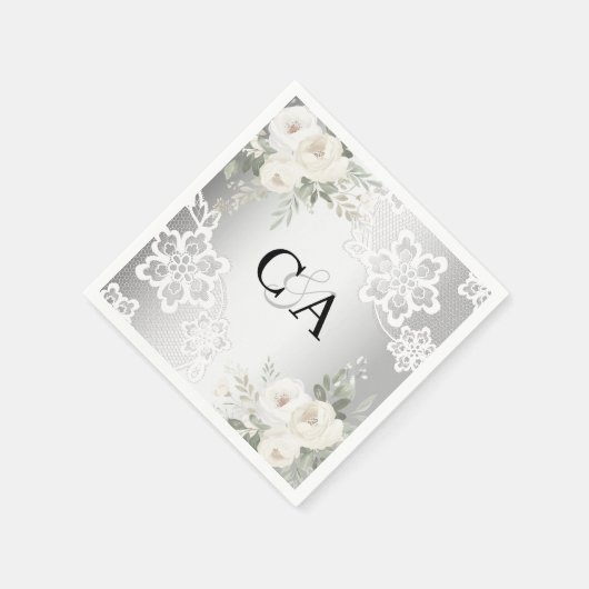 Serviette En Papier Mariage monogramme de fleurs blanches argentées (Coin)