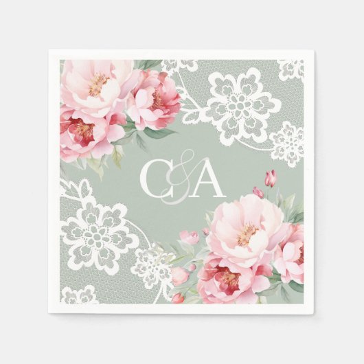 Serviette En Papier Mariage monogramme de fleurs de roses vertes (Devant)
