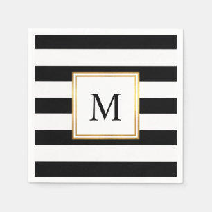 Serviette En Papier Mariage Monogramme de trame or noir blanc rayures