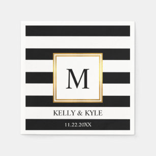 Serviette En Papier Mariage Monogramme de trame or noir blanc rayures