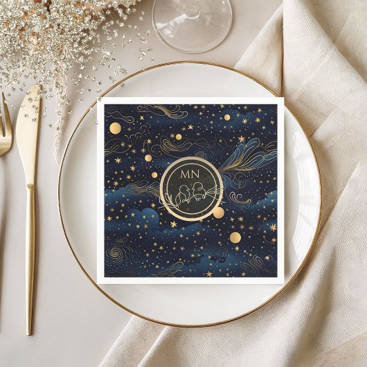 Serviette En Papier Mariage Monogramme Doré de la Marine Céleste