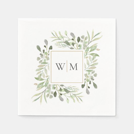 Serviette En Papier Mariage Monogramme Doré de Verdure Moderne (Devant)