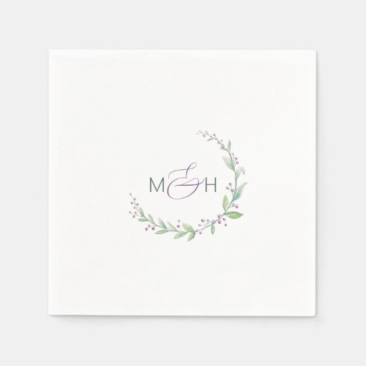 Serviette En Papier Mariage monogramme du feuillage vert mauve (Devant)