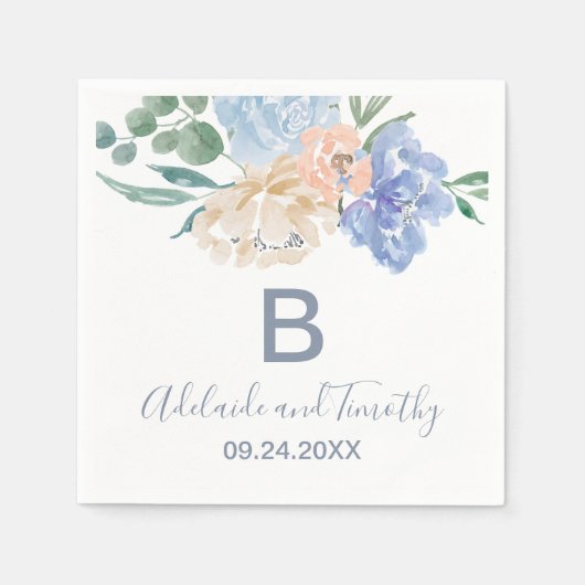 Serviette En Papier Mariage Monogramme Dusty Blue Florals (Devant)