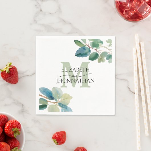 Serviette En Papier Mariage monogramme Eucalyptus vert (En situation)