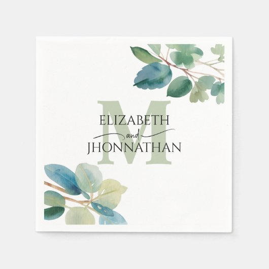 Serviette En Papier Mariage monogramme Eucalyptus vert (Devant)