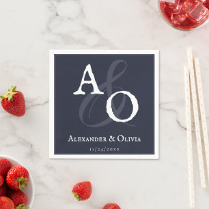 Serviette En Papier Mariage Monogramme minimaliste bleu marine