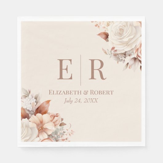 Serviette En Papier Mariage Monogramme Mocha Mocha Floral (Devant)