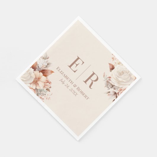 Serviette En Papier Mariage Monogramme Mocha Mocha Floral (Coin)