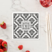 Serviette En Papier Mariage monogramme noir, blanc damassé (En situation)
