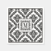 Serviette En Papier Mariage monogramme noir, blanc damassé (Devant)