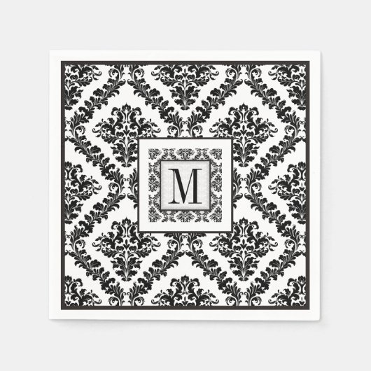 Serviette En Papier Mariage monogramme noir, blanc damassé (Devant)