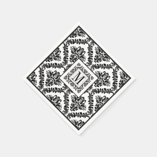Serviette En Papier Mariage monogramme noir, blanc damassé (Coin)