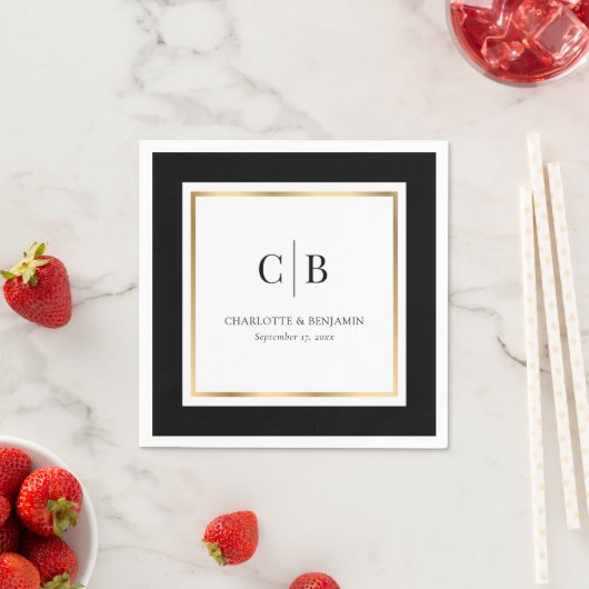Serviette En Papier Mariage Monogramme noir et or (En situation)