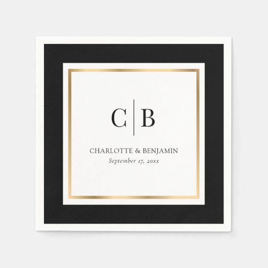 Serviette En Papier Mariage Monogramme noir et or (Devant)