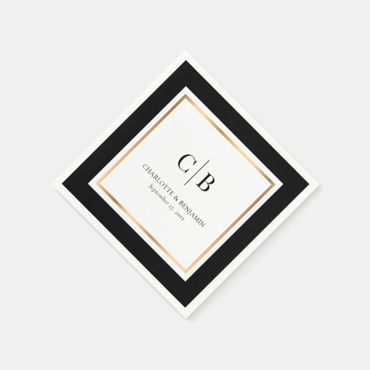Serviette En Papier Mariage Monogramme noir et or (Coin)