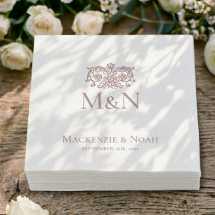 Serviette En Papier Mariage Monogramme Orné Fleurs Rose Poussiéreux