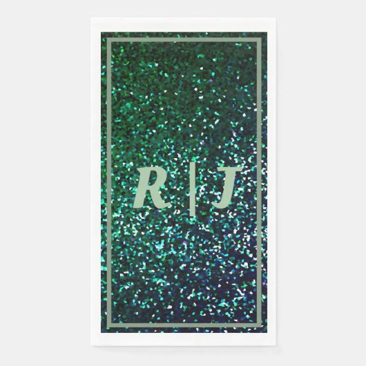 Serviette En Papier Mariage Monogrammé Paillettes Vert Sauge Émeraude (Devant)