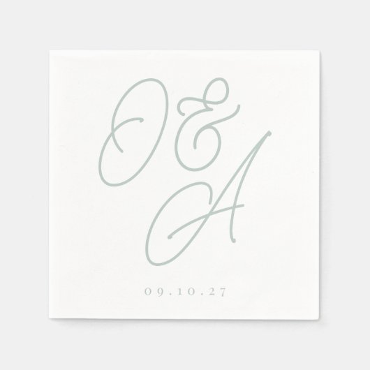Serviette En Papier Mariage Monogramme Pale Eucalyptus Script (Devant)