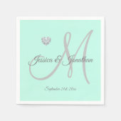 Serviette En Papier Mariage monogramme personnalisé Mint Green Heart (Devant)