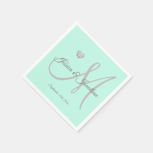 Serviette En Papier Mariage monogramme personnalisé Mint Green Heart (Coin)