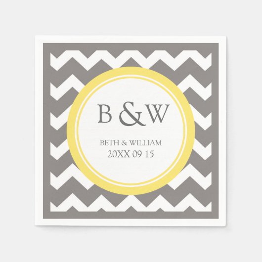 Serviette En Papier Mariage Monogramme personnalisé Napkin gris jaune  (Devant)