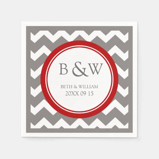 Serviette En Papier Mariage Monogramme personnalisé Napkin Red Grey Ch (Devant)