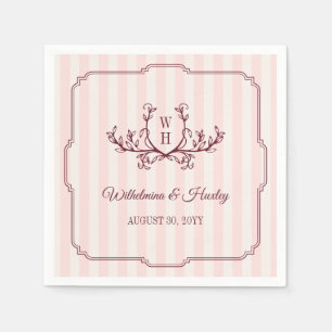 Serviette En Papier Mariage Monogramme Rayures Rosé et Feuillage Borde