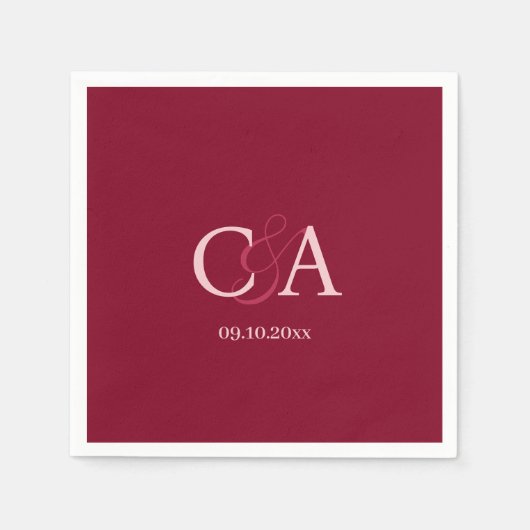 Serviette En Papier Mariage monogramme rose Bourgogne (Devant)