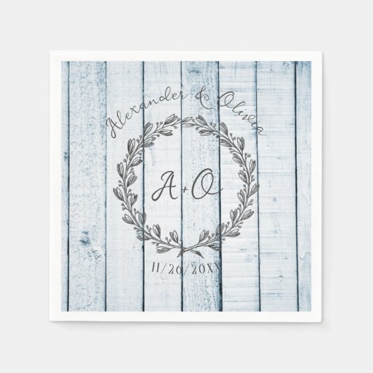 Serviette En Papier Mariage Monogramme Rustique Bleu (Devant)